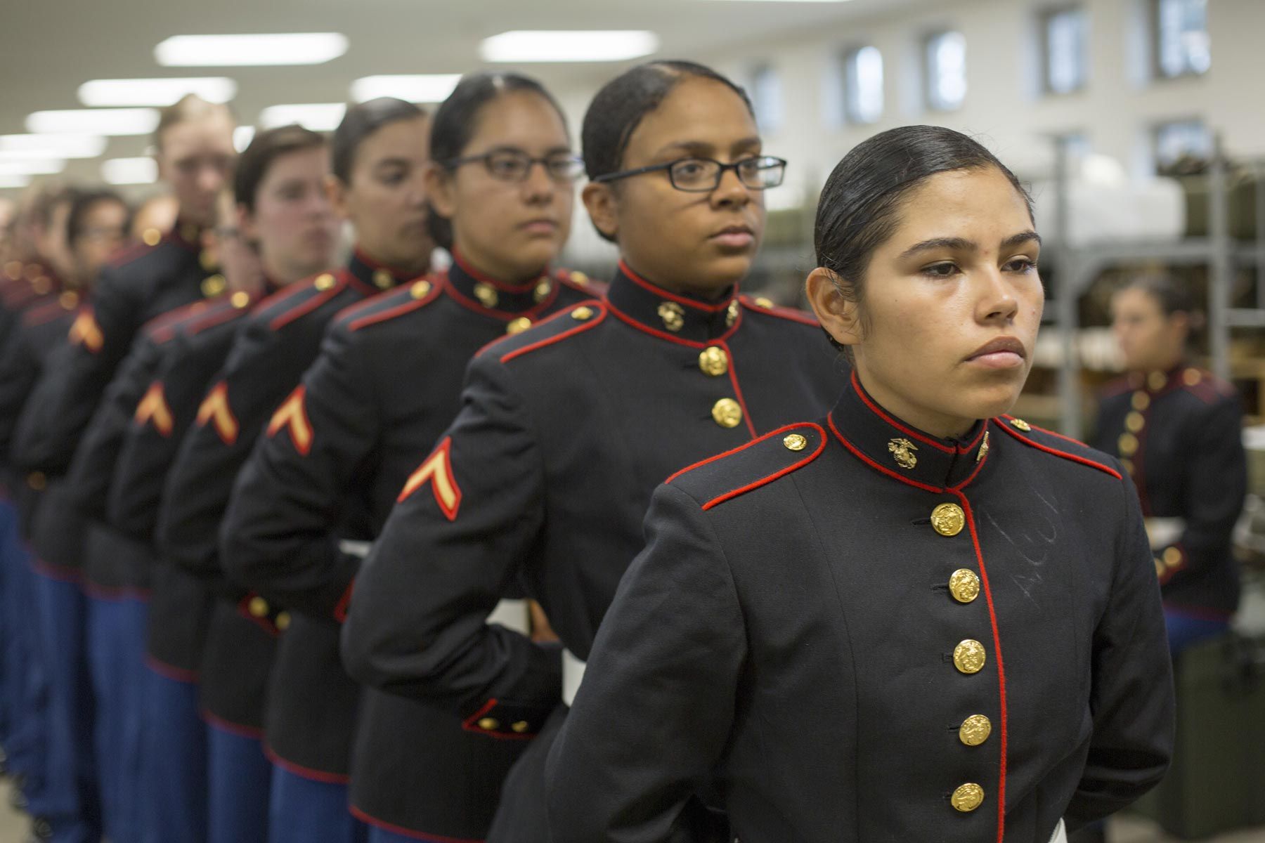 female marine in dress blues First Class of Recruits Graduates New neckline_Off the Shoulder KENDALL Halter Neck Velvet Color:Tahitiv