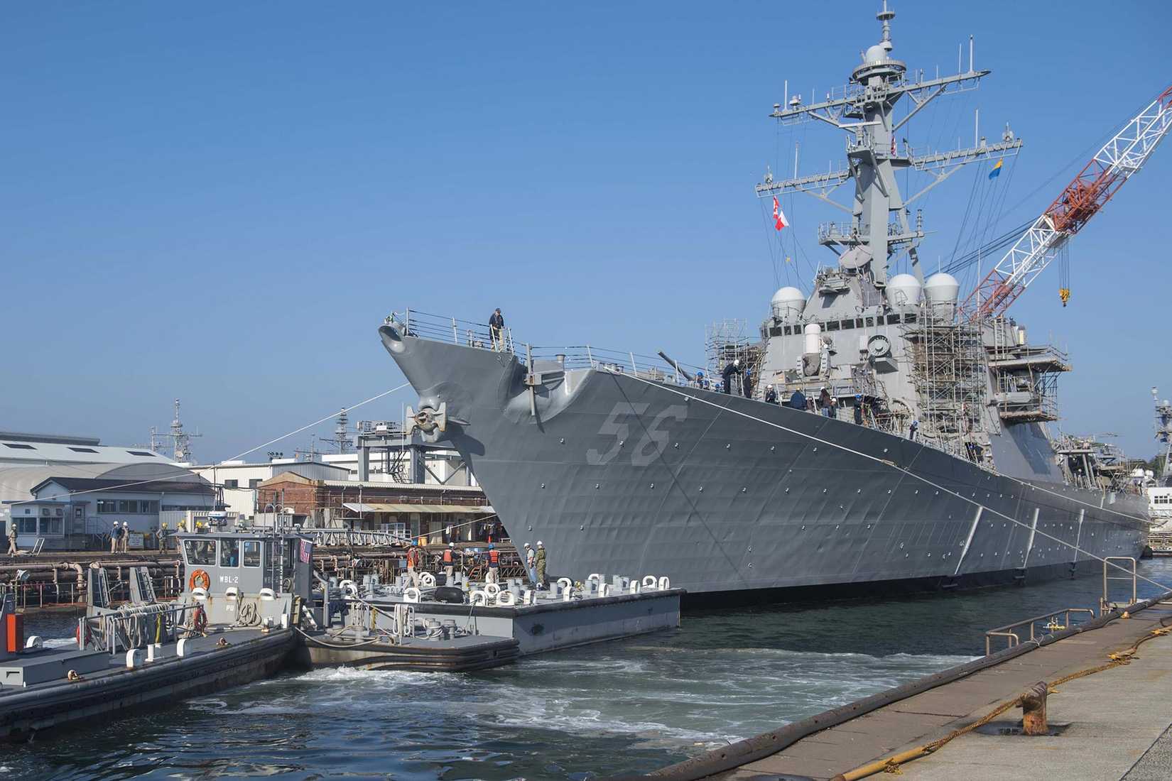 The Arleigh Burke-class guided missile destroyer USS John S. McCain (DDG 56) prepares to depart from a dry dock at Fleet Activities Yokosuka (U.S. Navy/Mass Communication Specialist 3rd Class Tyra Watson)