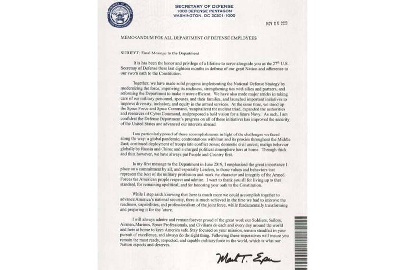 Here's SecDef Mark Esper's Final Memo to Pentagon Staff