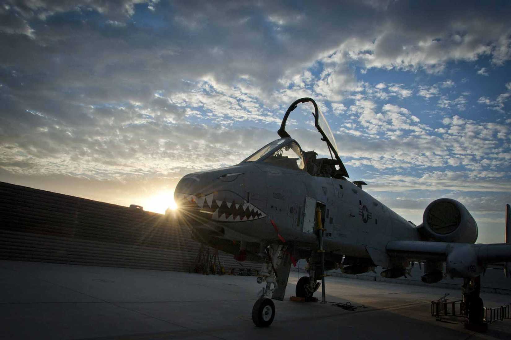 An A-10 Warthog sits on the flightline at Kandahar Airfield.