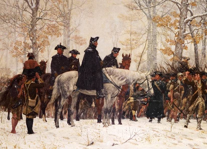 Painting of George Washington on horseback leading Continental Army troops through snow at Valley Forge.