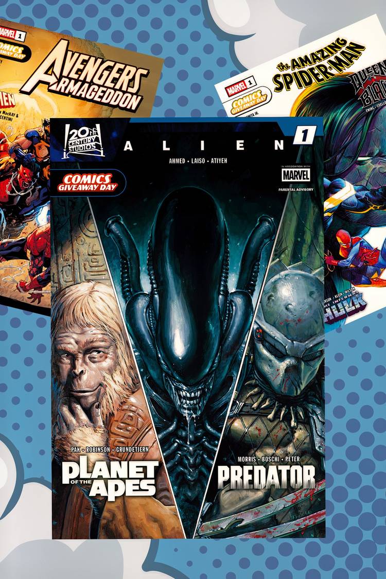 Collage of Free Comic Book Day comic covers including Marvel titles, Alien, Predator and Spider-Man