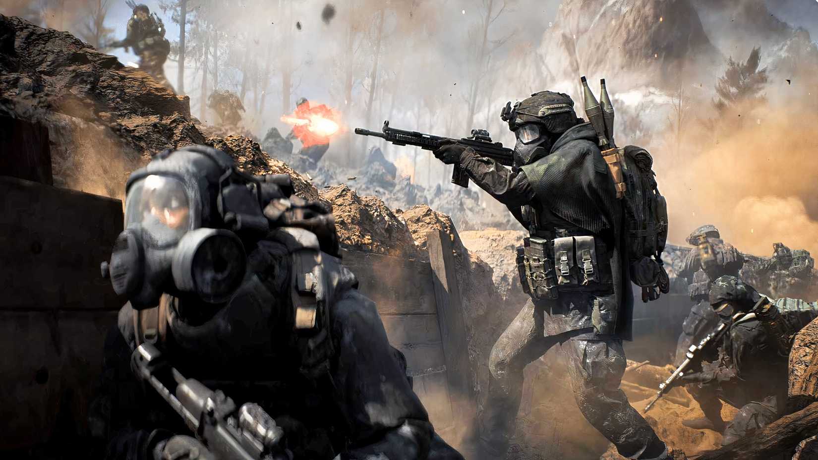 bf6 soldiers with gas masks fighting in trenches
