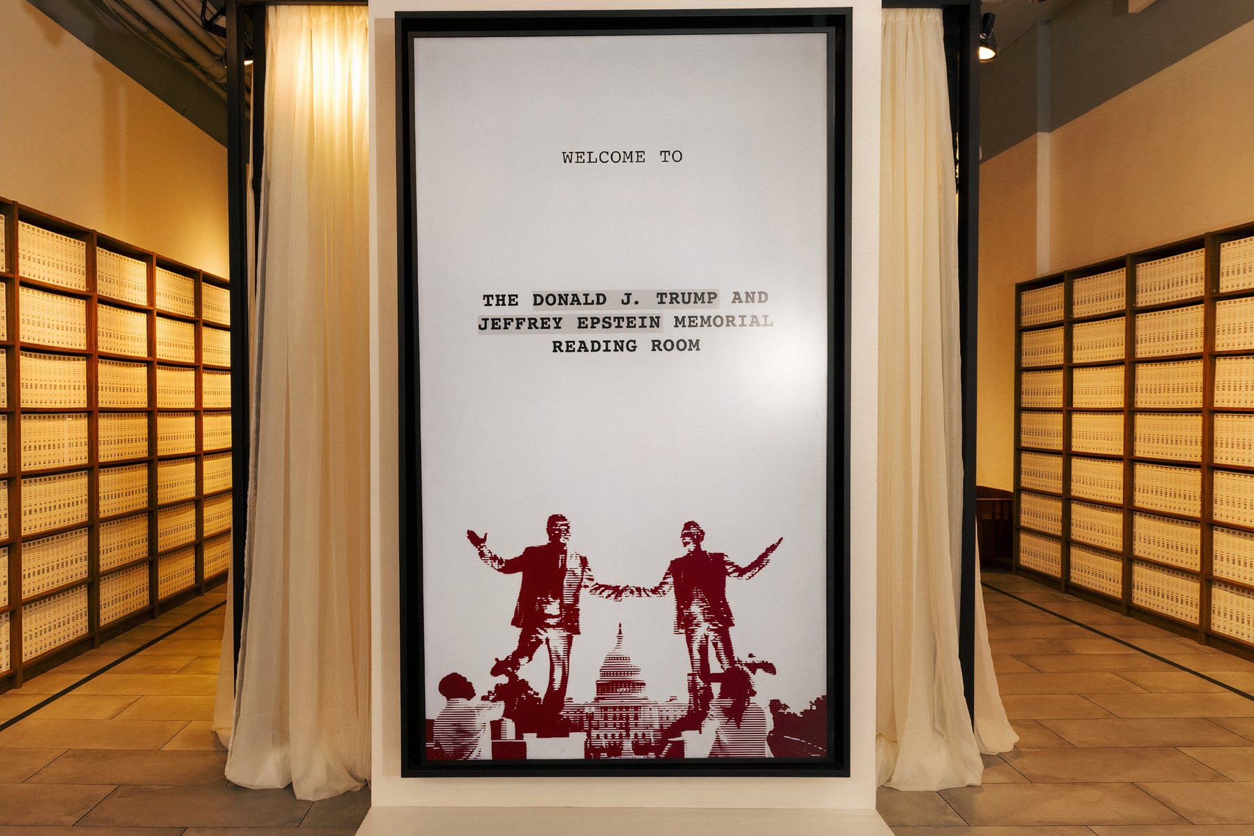 Entrance sign for the Donald J. Trump and Jeffrey Epstein Memorial Reading Room, with shelves of bound Epstein files visible on both sides.