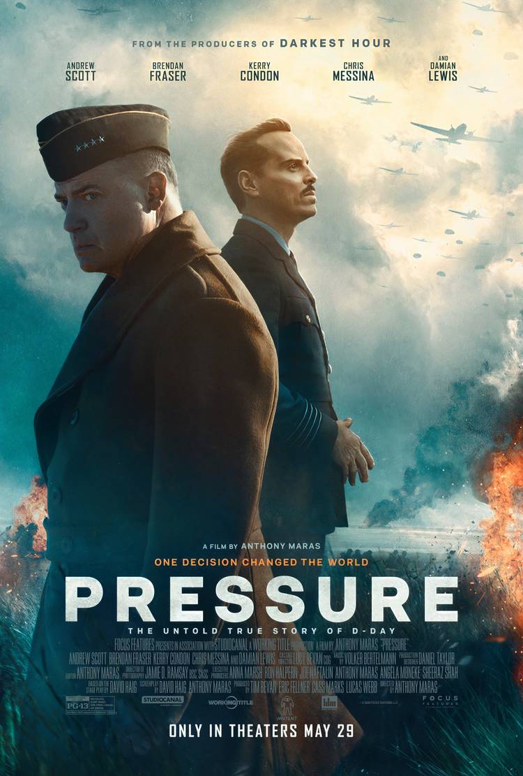 Official poster for Pressure, starring Brendan Fraser, Andrew Scott, Kerry Condon, Chris Messina and Damian Lewis.