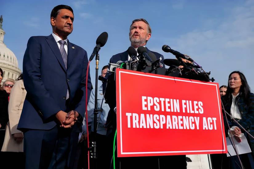 Representatives Thomas Massie and Ro Khanna speak about the Epstein Files Transparency Act in 2025. Heather Diehl/Getty Images