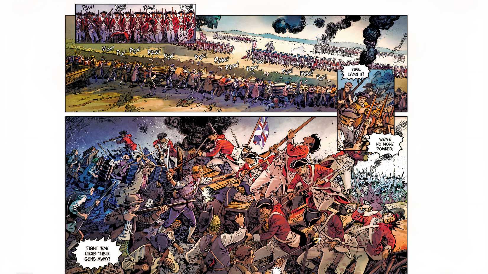 A page from Liberty depicts British troops advancing on American rebel positions at Bunker Hill in June 1775. Pt. 2