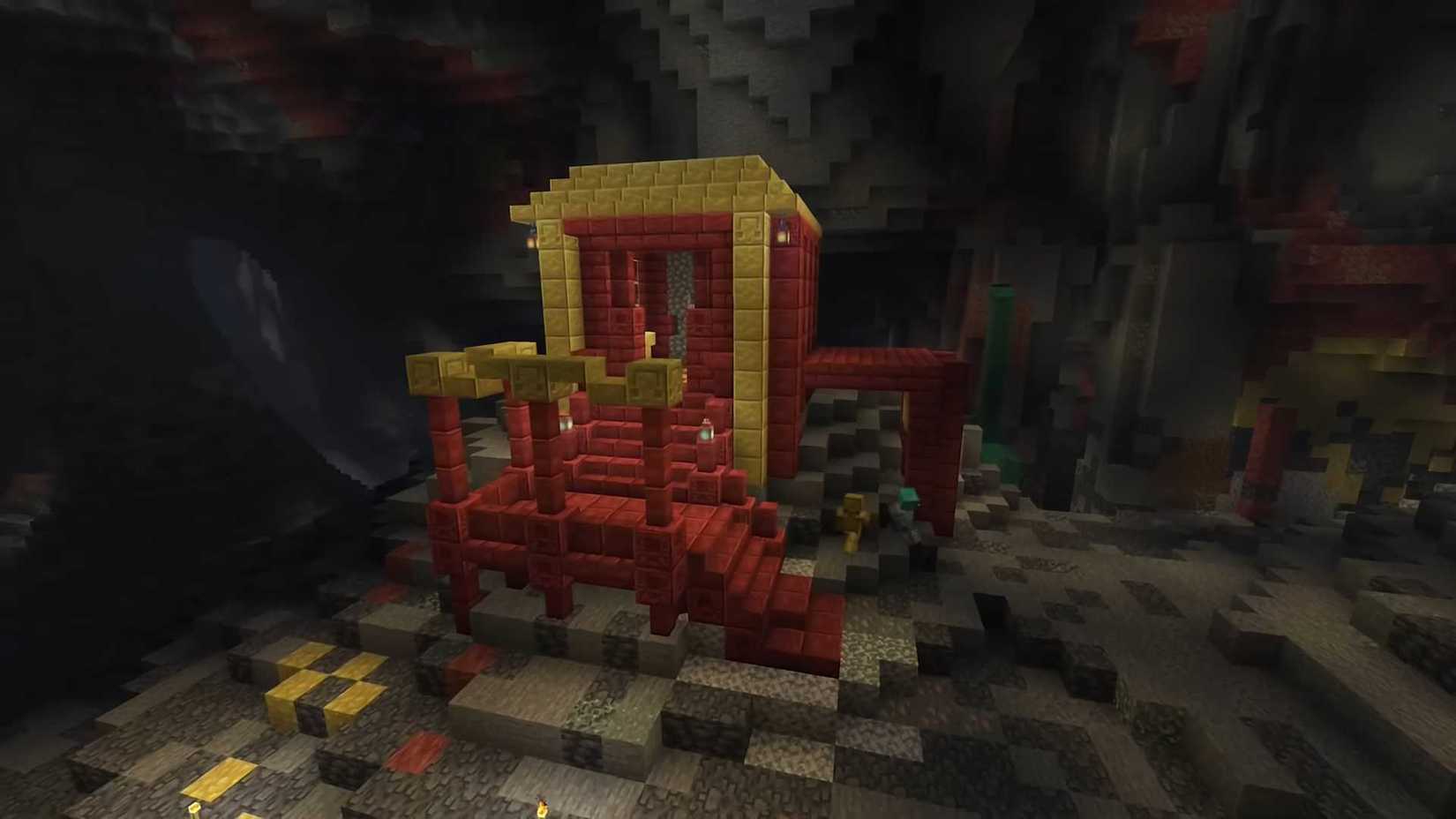 A sulfur and cinnabar building in Minecraft's Chaos Cubed update