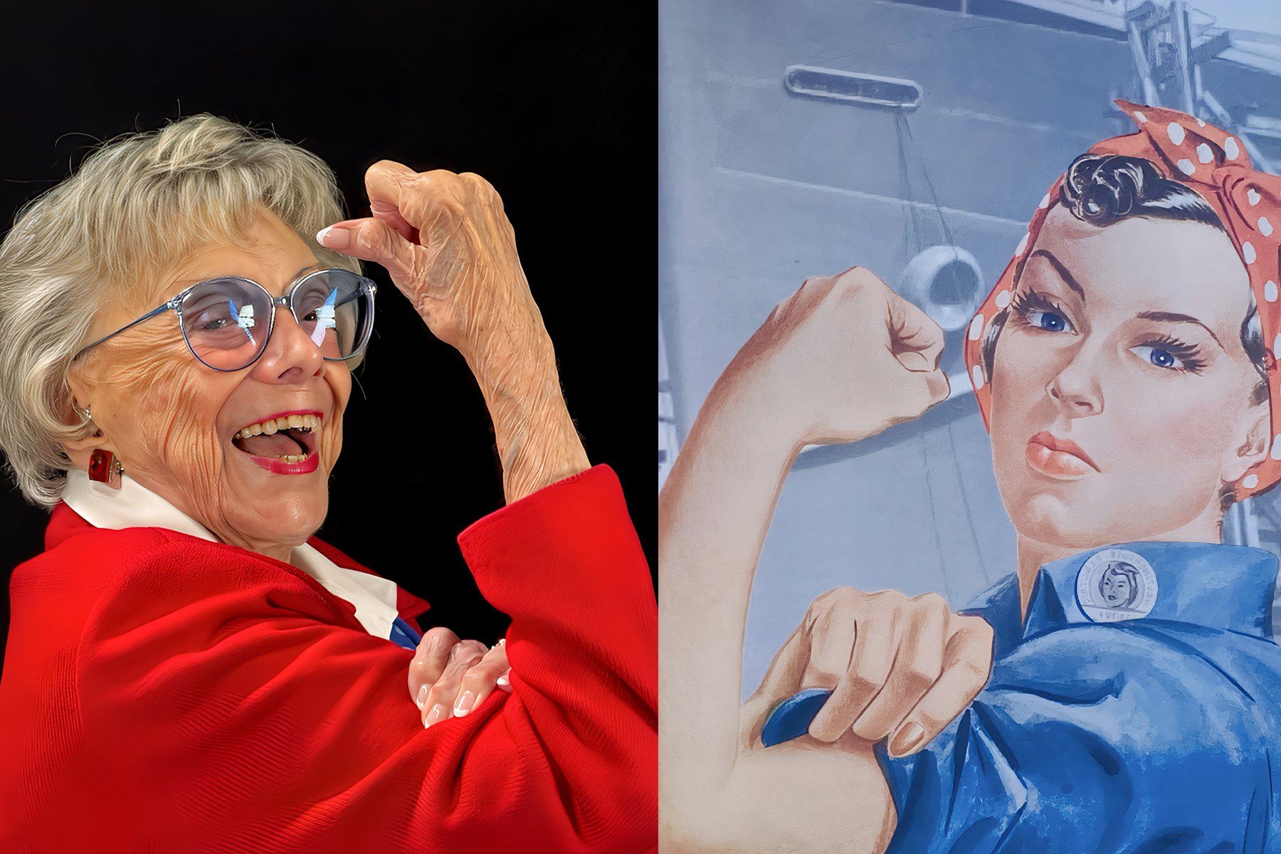 World War II Marine veteran and Rosie the Riveter Roberta “Randy” Tidmore poses beside a Rosie the Riveter poster.