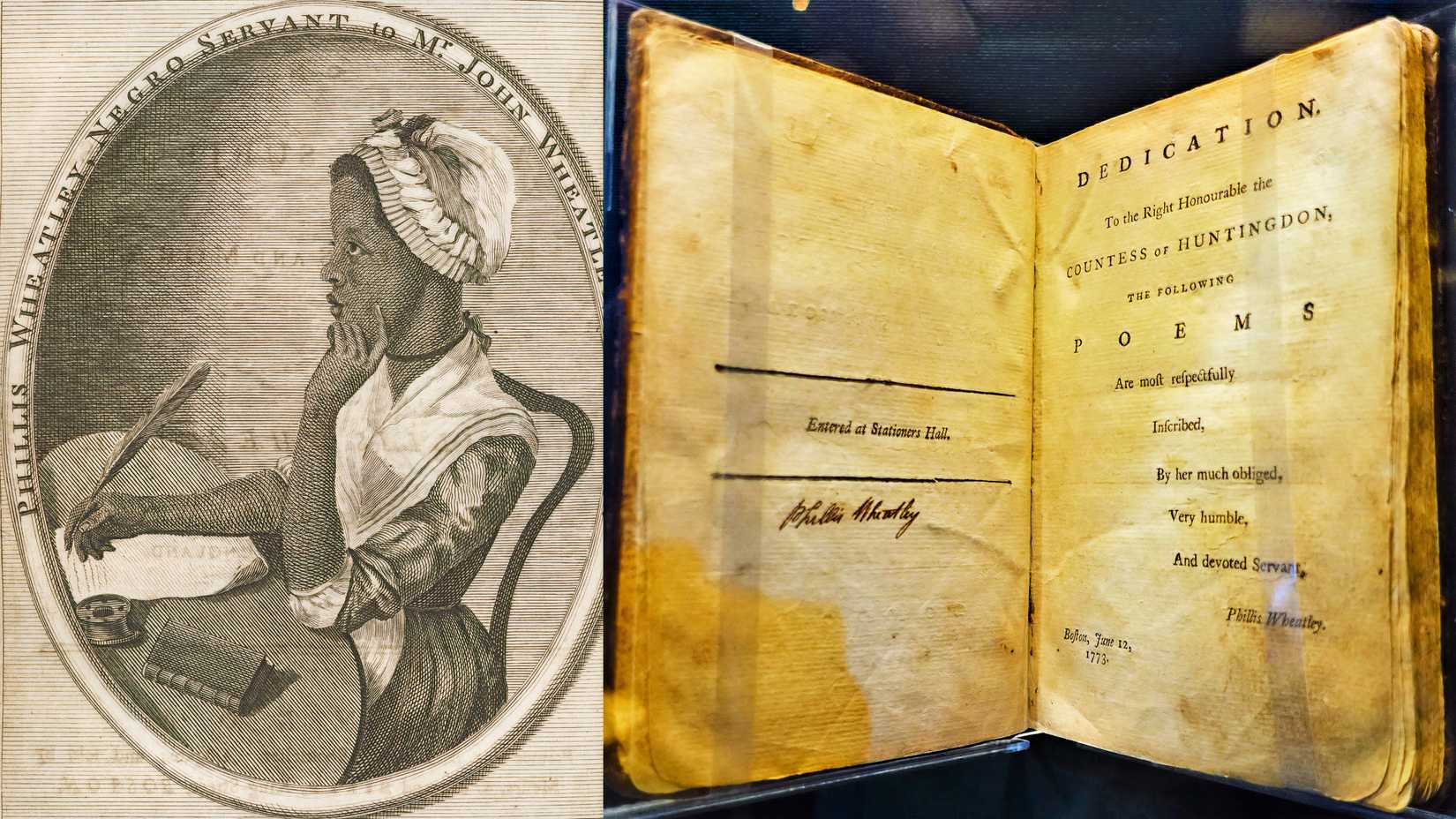 A portrait of poet Phillis Wheatley appears beside an open copy of her 1773 book, “Poems on Various Subjects, Religious and Moral.”