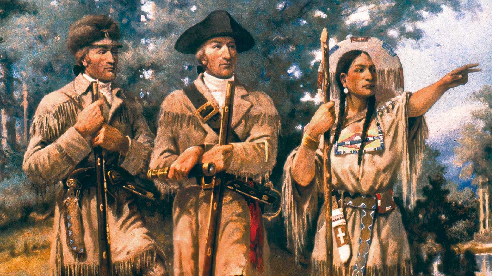 Sacagawea points into the distance beside Meriwether Lewis and William Clark in a mural at the Montana House of Representatives.