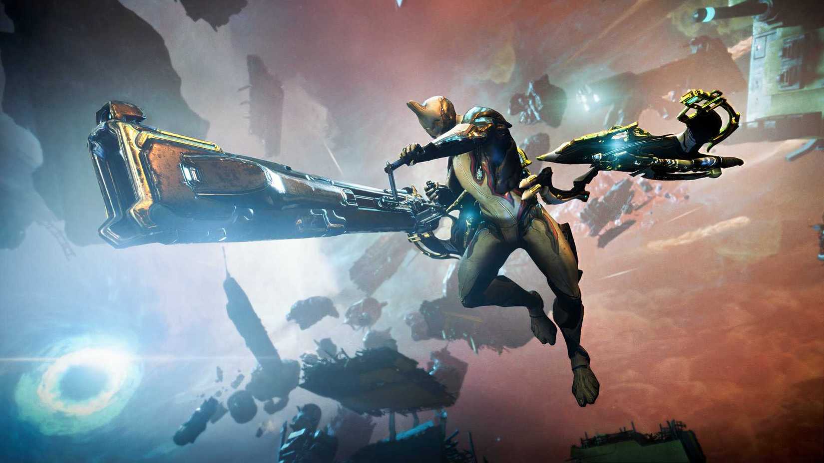Warframe's Excalibur frame taking aim while flying through open space with an Archwing