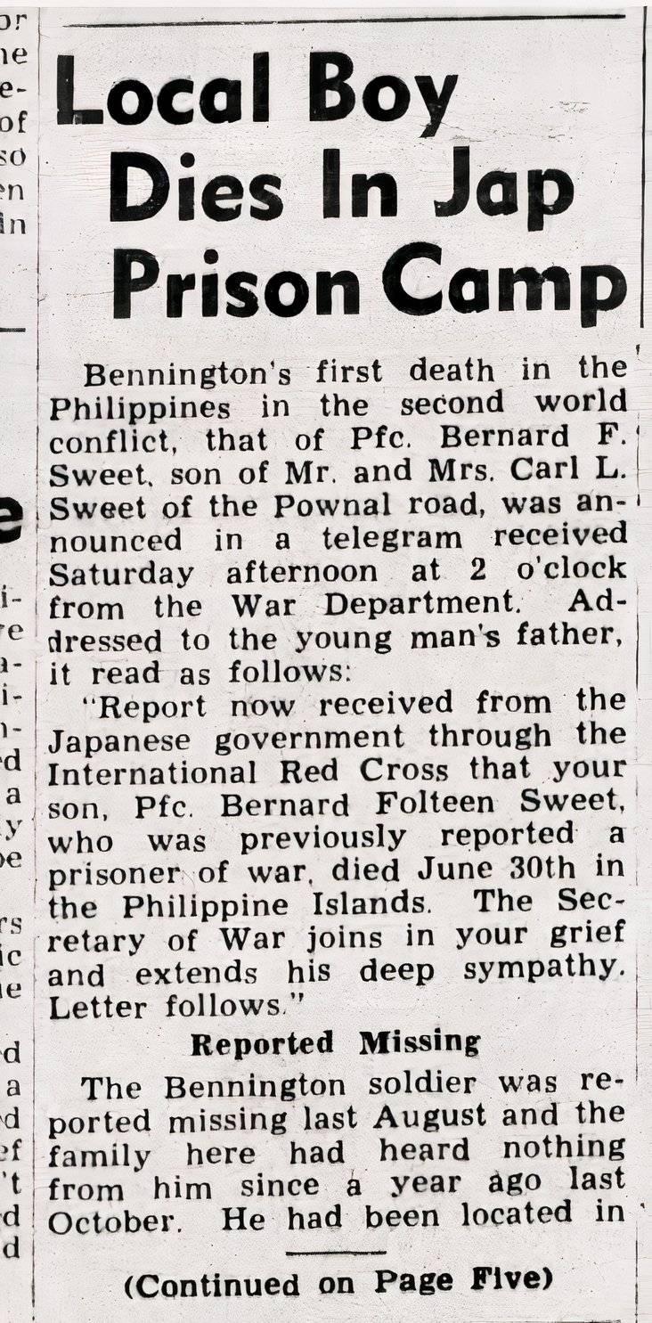 Newspaper clipping details the death of U.S. Army Pfc. Bernard Sweet 84 years ago as a WWII POW in Japan. (U.S. Army).