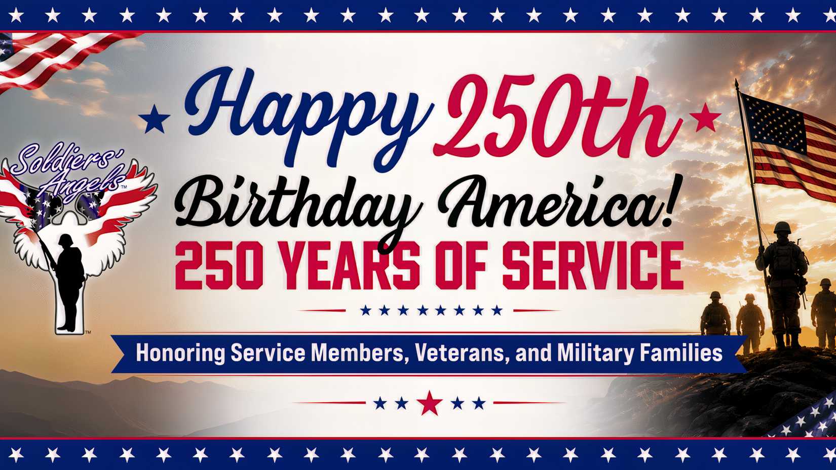 A Soldiers’ Angels banner promotes the 250 Years of Service campaign honoring service members, veterans and military families.