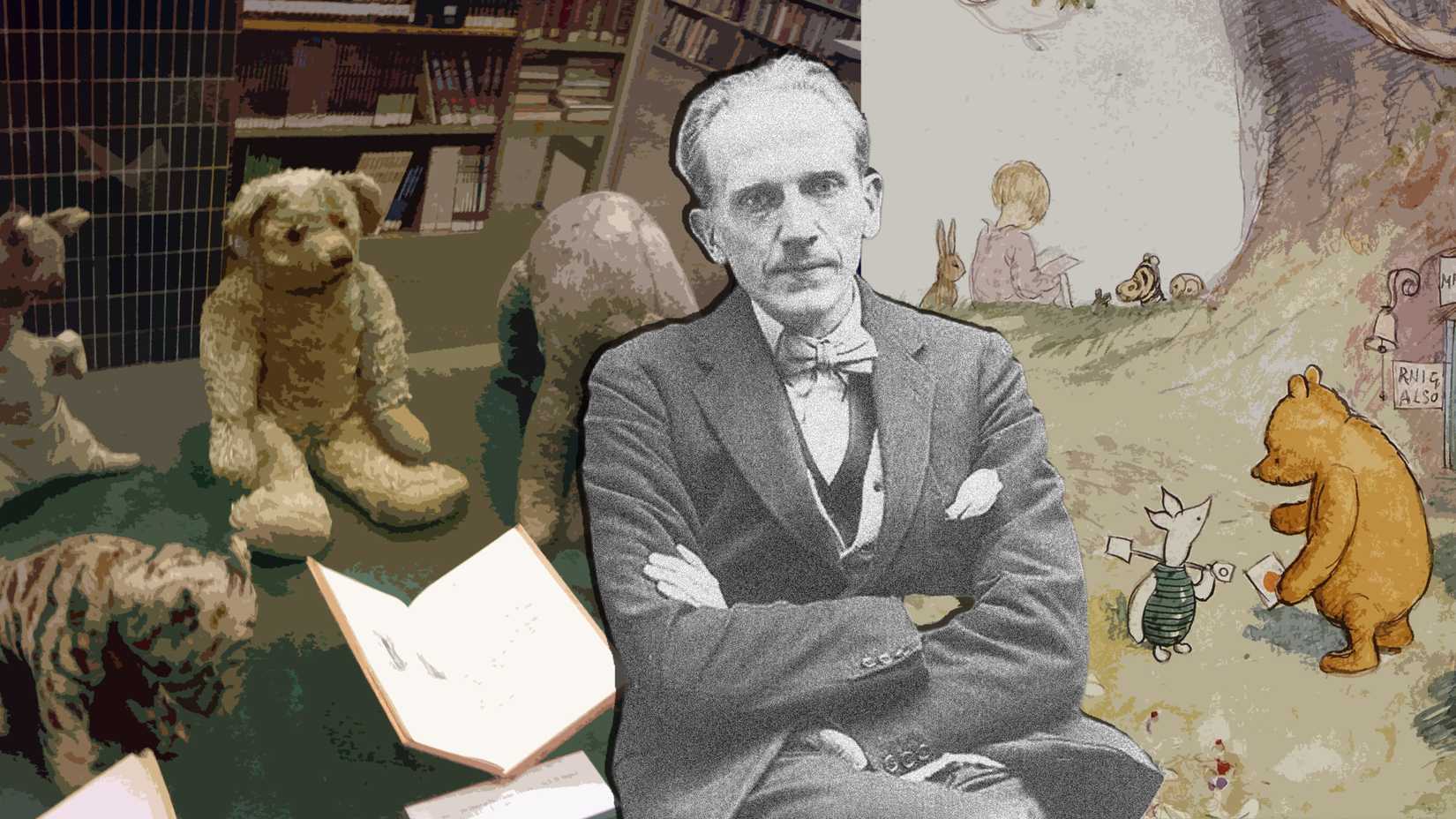 A.A. Milne appears beside the original Winnie-the-Pooh toys and illustrations of Pooh, Piglet and Christopher Robin.
