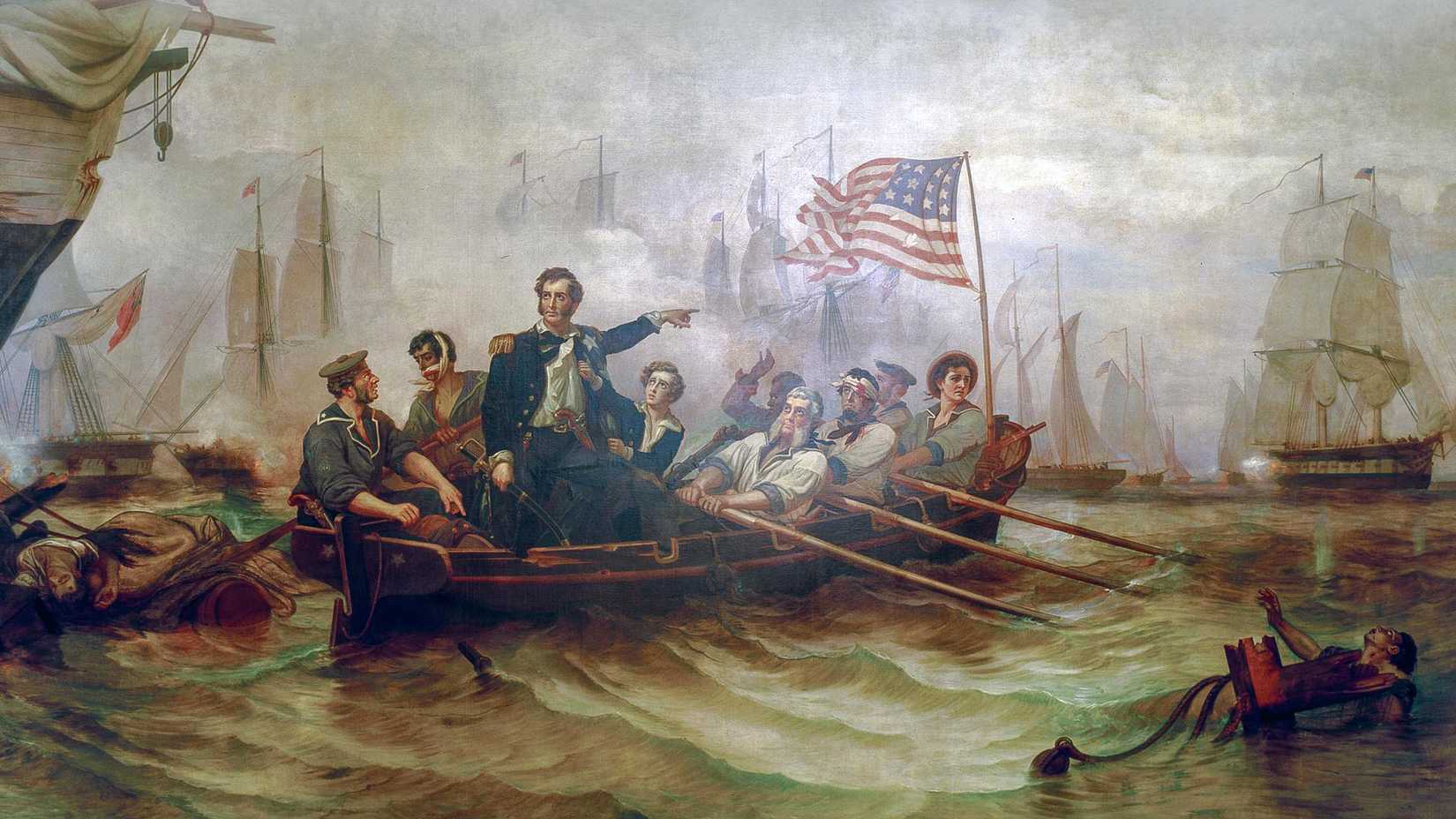 Painting of Oliver Hazard Perry transferring from the damaged USS Lawrence to the USS Niagara during the Battle of Lake Erie in 1813.