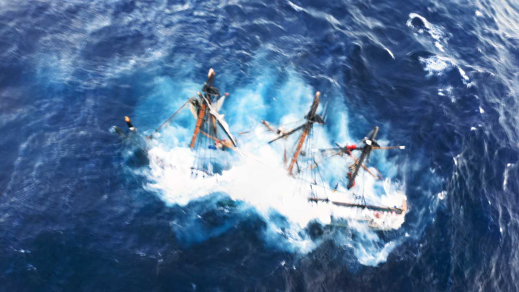 The tall ship HMS Bounty lies nearly submerged in rough Atlantic waters during Hurricane Sandy in October 2012.