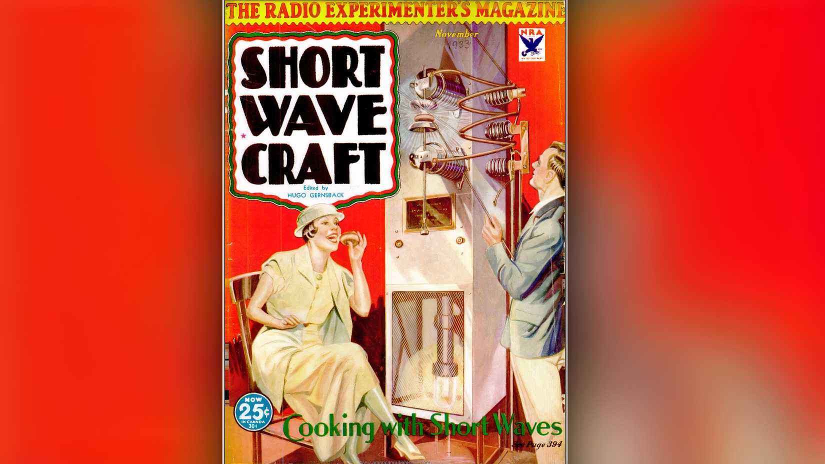 A 1933 magazine cover shows a woman eating food cooked by a large shortwave radio device.