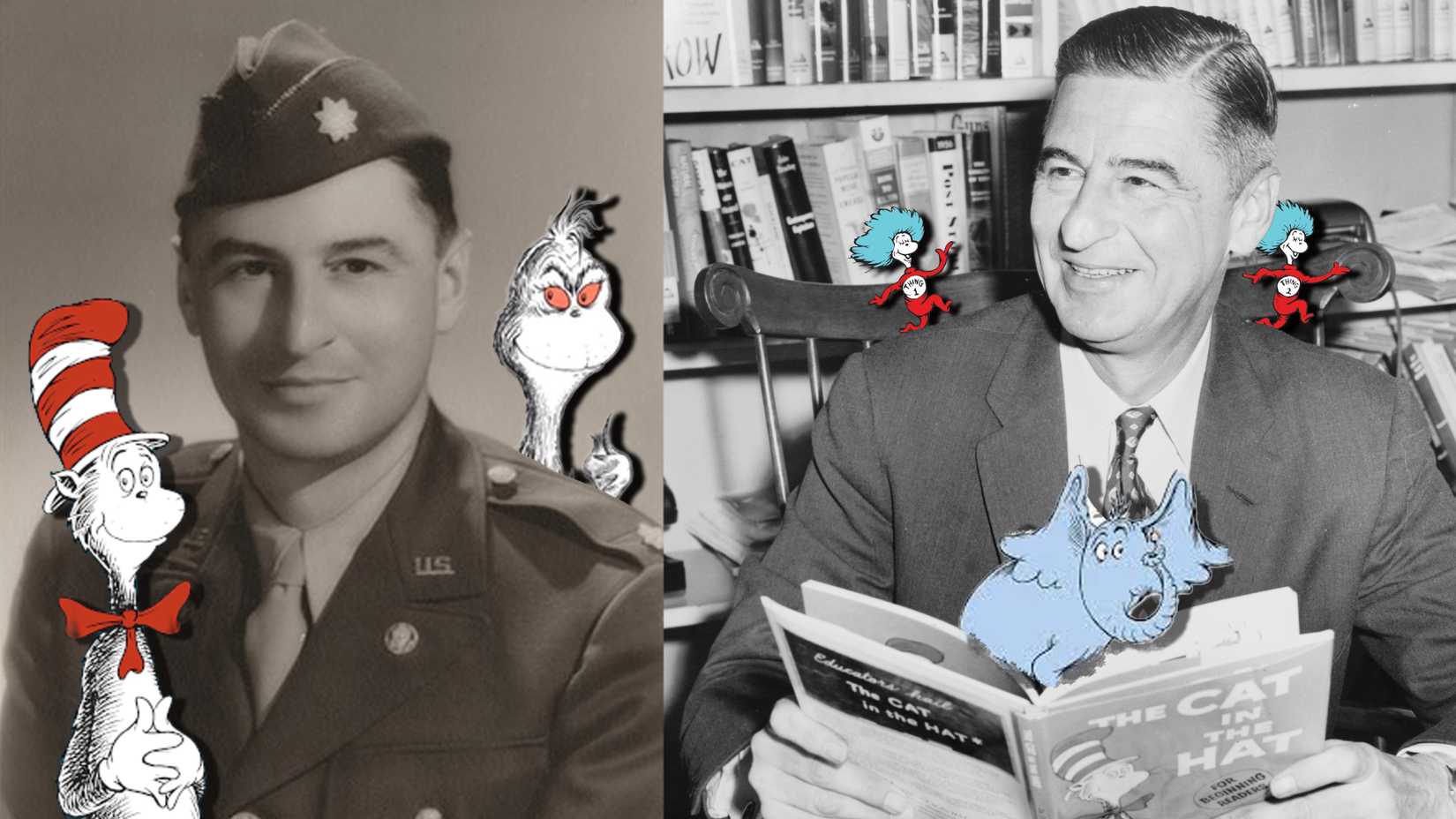 Theodor Geisel appears in Army uniform and later holding The Cat in the Hat, surrounded by several Dr. Seuss characters.