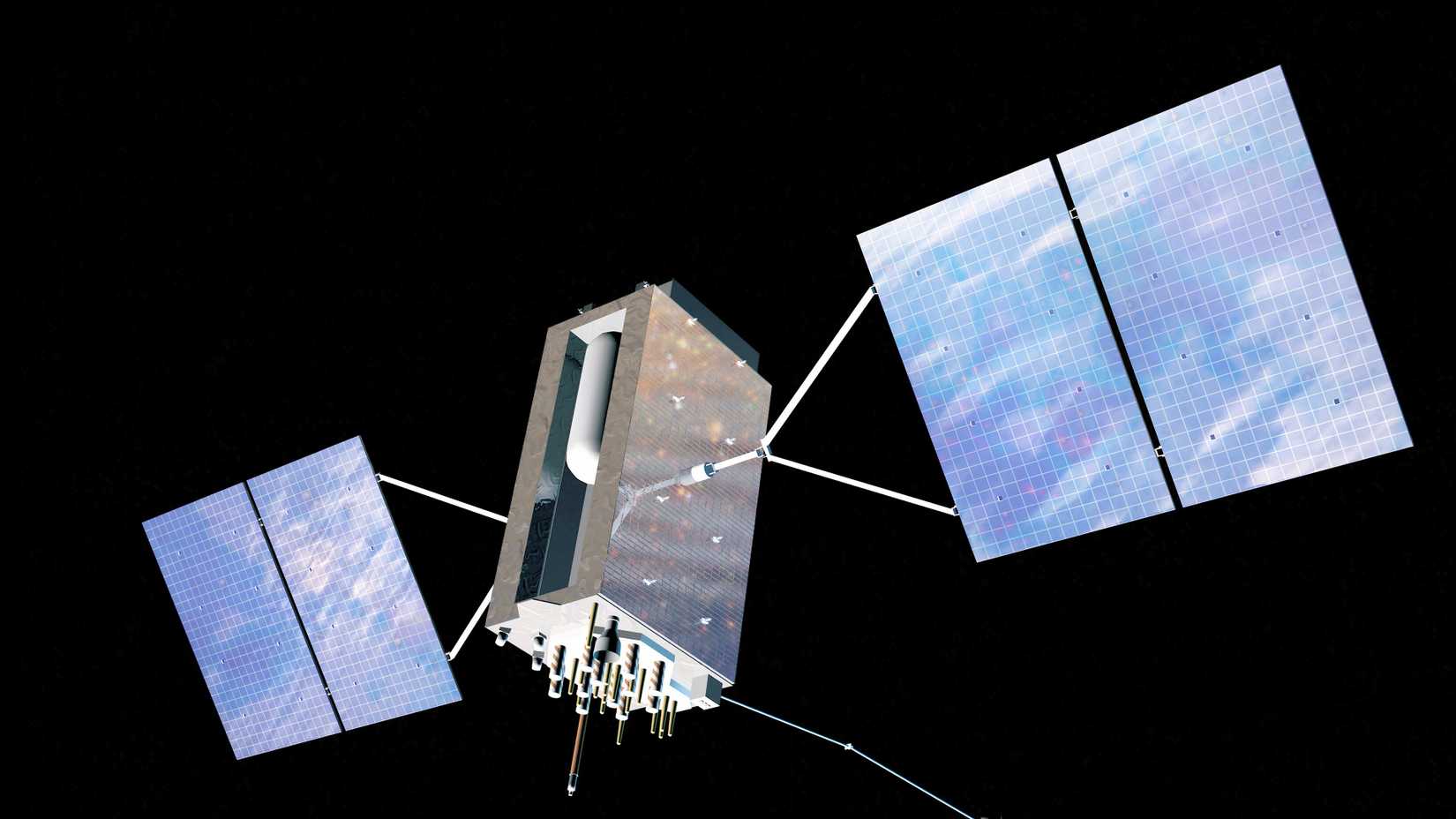 An illustration shows a GPS Block III satellite with two large solar arrays against black space.