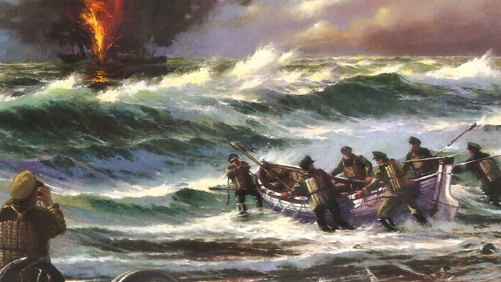 Painting of John Midgett and his Coast Guard crew pushing a surfboat through heavy seas as the tanker Mirlo burns offshore.