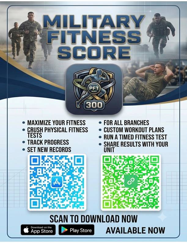 A flyer for the 'Military Fitness Score' app shows it can be downloaded for free from the Apple or Google Play stores. (Zachary Hicks).