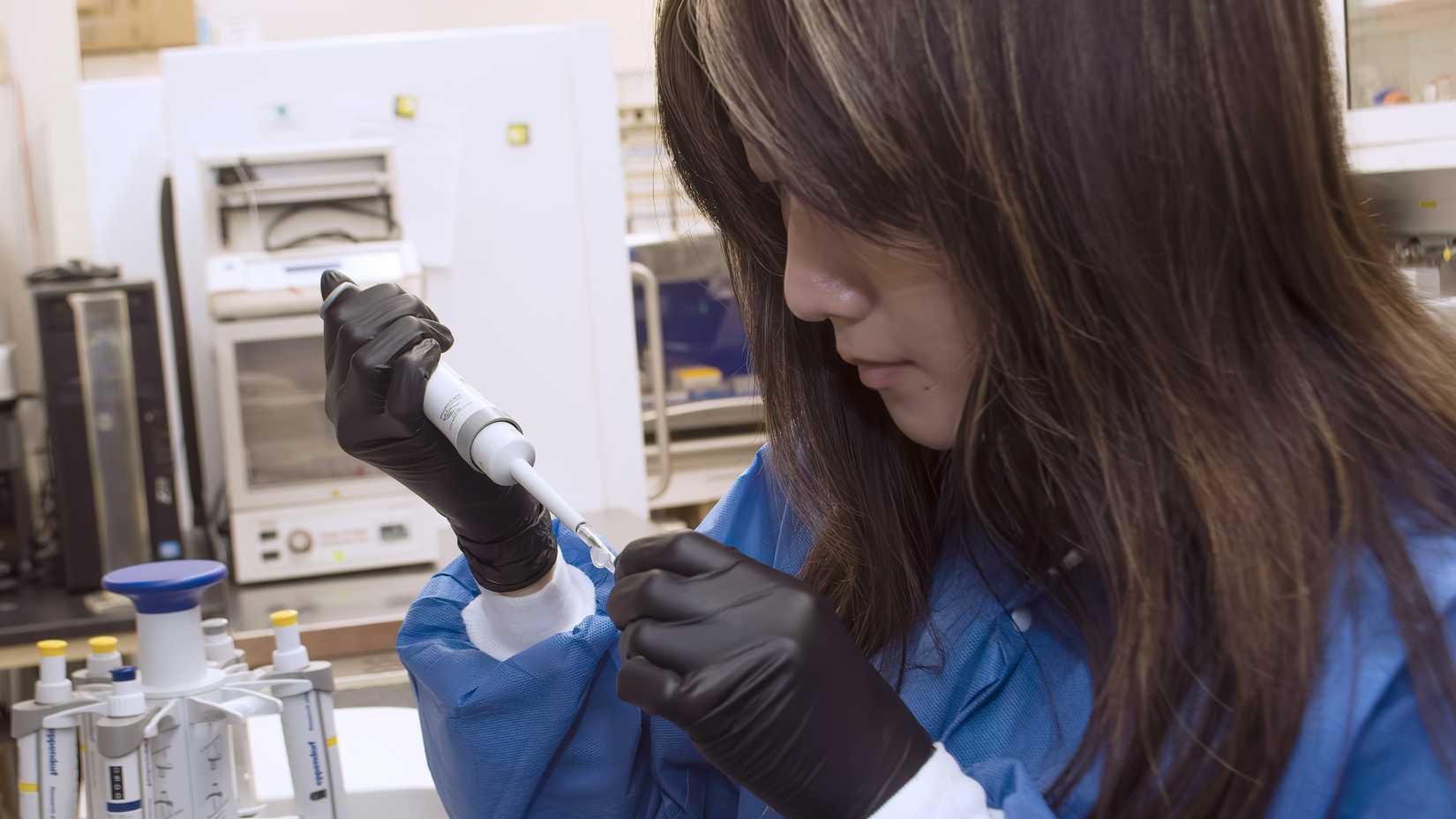 Naval Medical Research Command intern Jenny Chen uses a pipette while conducting CRISPR research on tick-borne pathogens in a laboratory.