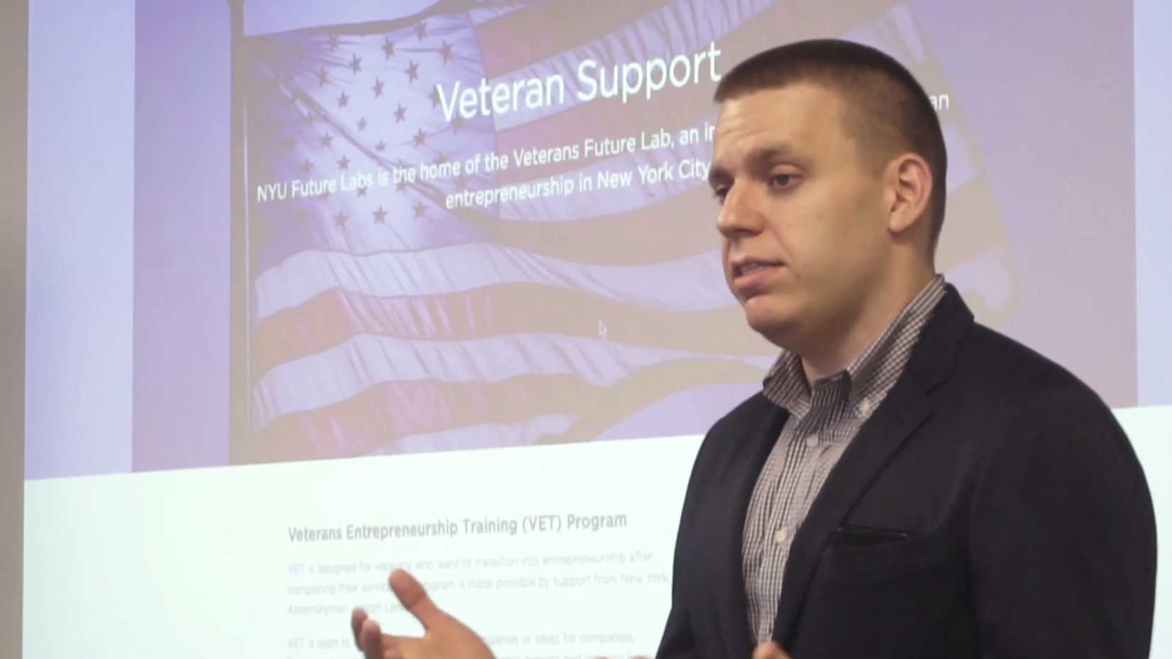A speaker discusses veteran support and entrepreneurship during an NYU Tandon Veterans Future Lab presentation.