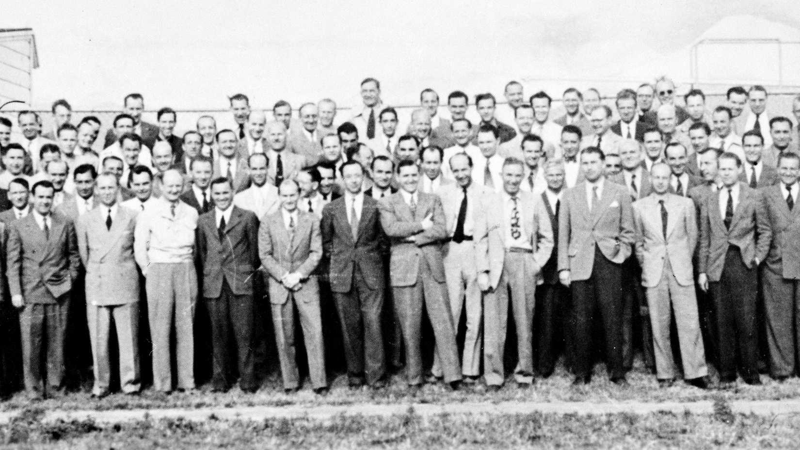 Group photo of 104 German rocket scientists brought to the United States under Project Paperclip at Fort Bliss, Texas, in 1946, including Wernher von Braun.
