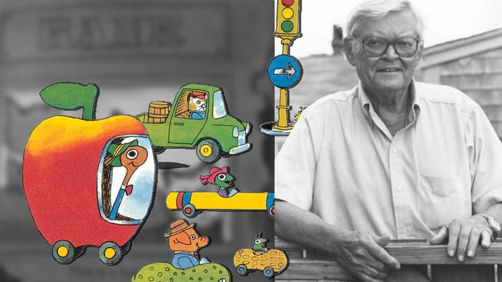 Richard Scarry sits beside colorful Busytown characters and vehicles, including the Apple Car and other whimsical automobiles.
