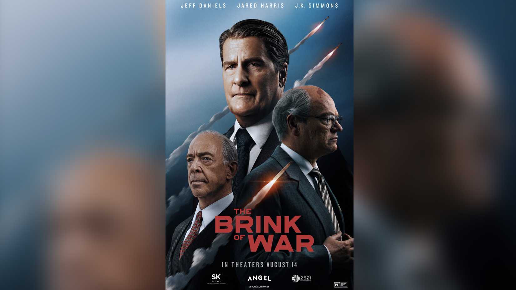 Theatrical poster for The Brink of War featuring Jeff Daniels as Ronald Reagan, Jared Harris as Mikhail Gorbachev and J.K. Simmons as George Shultz.