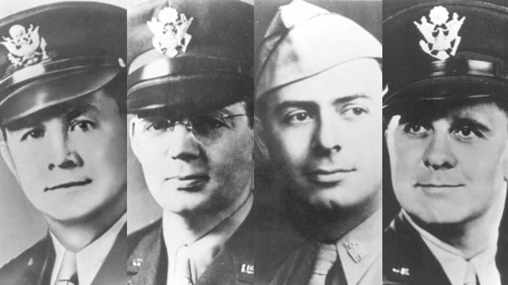 Composite portraits of Army chaplains George Fox, Alexander Goode, John Washington and Clark Poling.