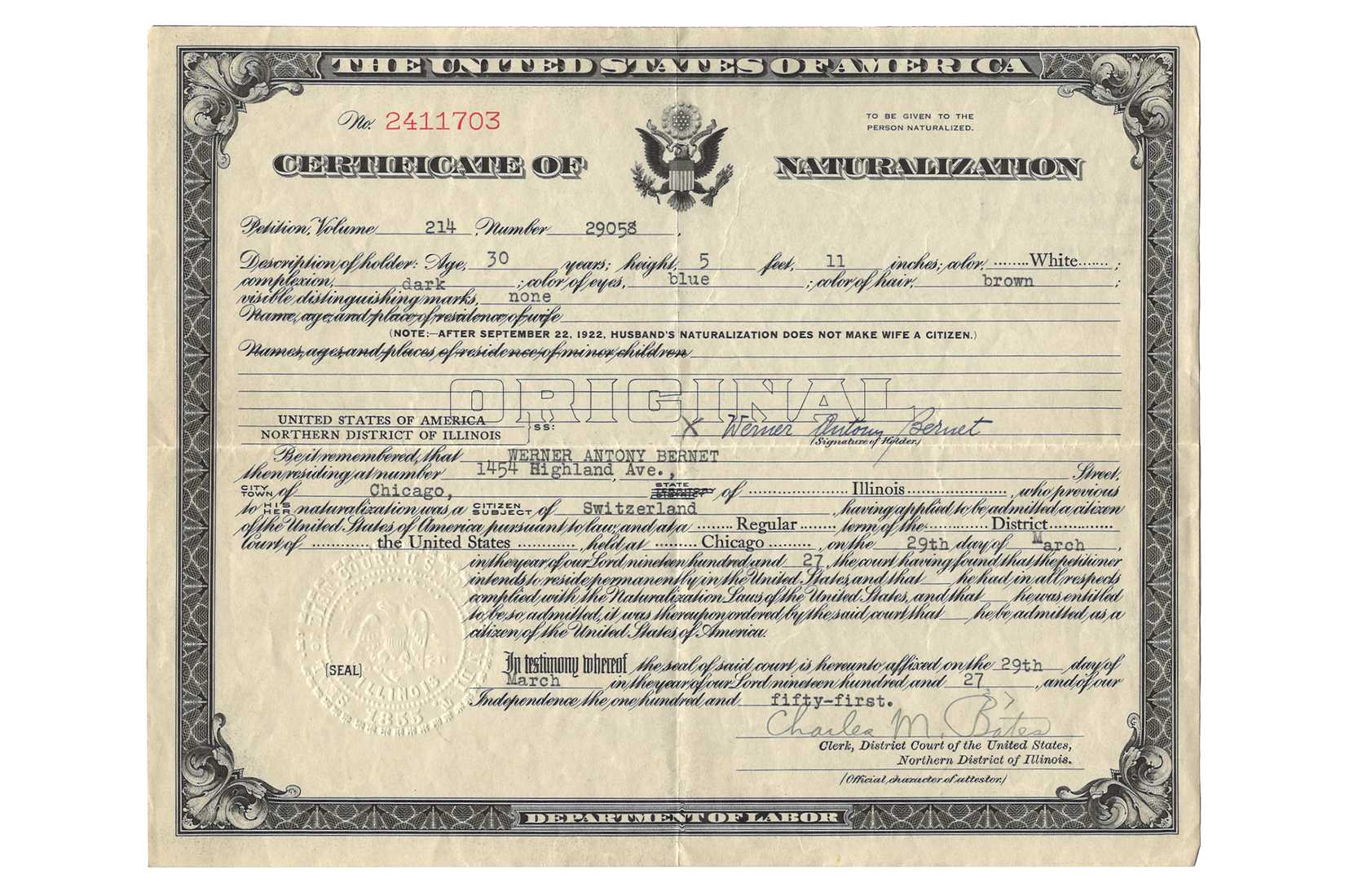 WAB - Certificado de Naturalização Werner Bernet 1927
