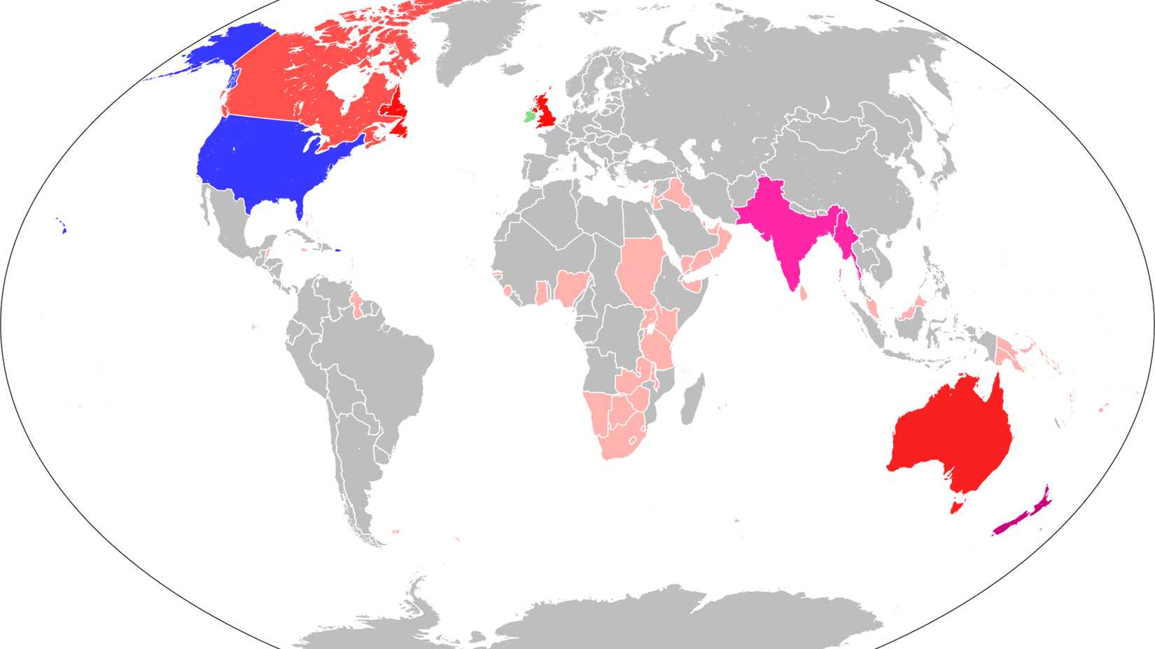 Map showing War Plan Red's color-coded countries, with the United States in blue, Canada designated Crimson and British territories in shades of red.