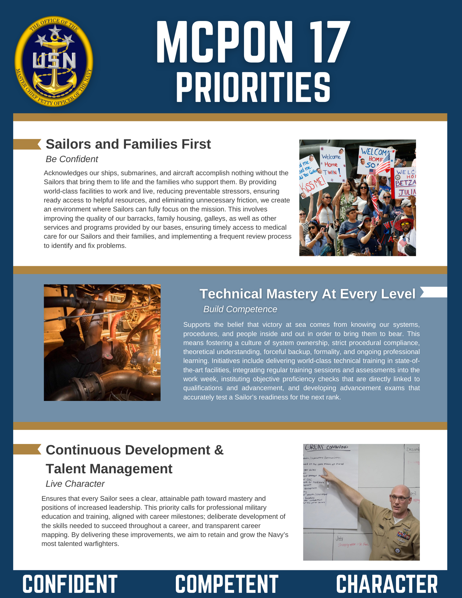 MCPON 17 priorities graphic highlighting sailors and families, technical mastery, and continuous development and talent management.