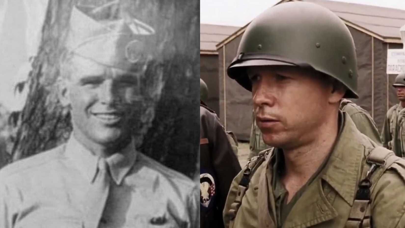 A side-by-side image shows Easy Company veteran Carwood Lipton and Donnie Wahlberg portraying Lipton in Band of Brothers.