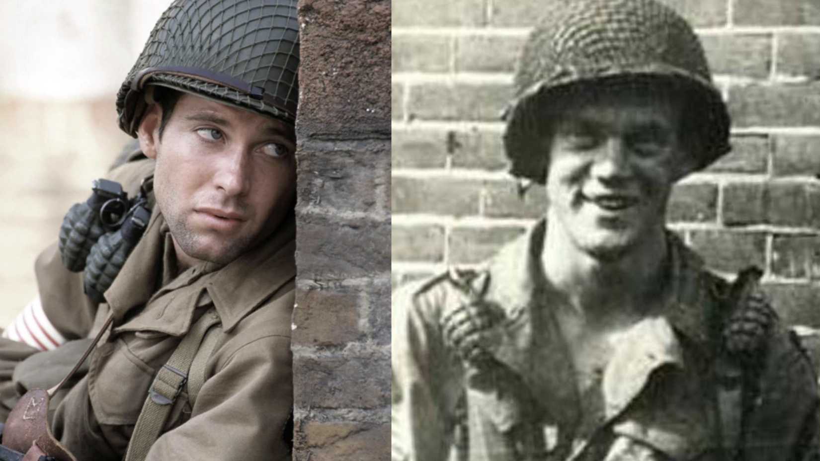 Eion Bailey as David Webster in Band of Brothers beside an archival photo of the real Easy Company paratrooper.