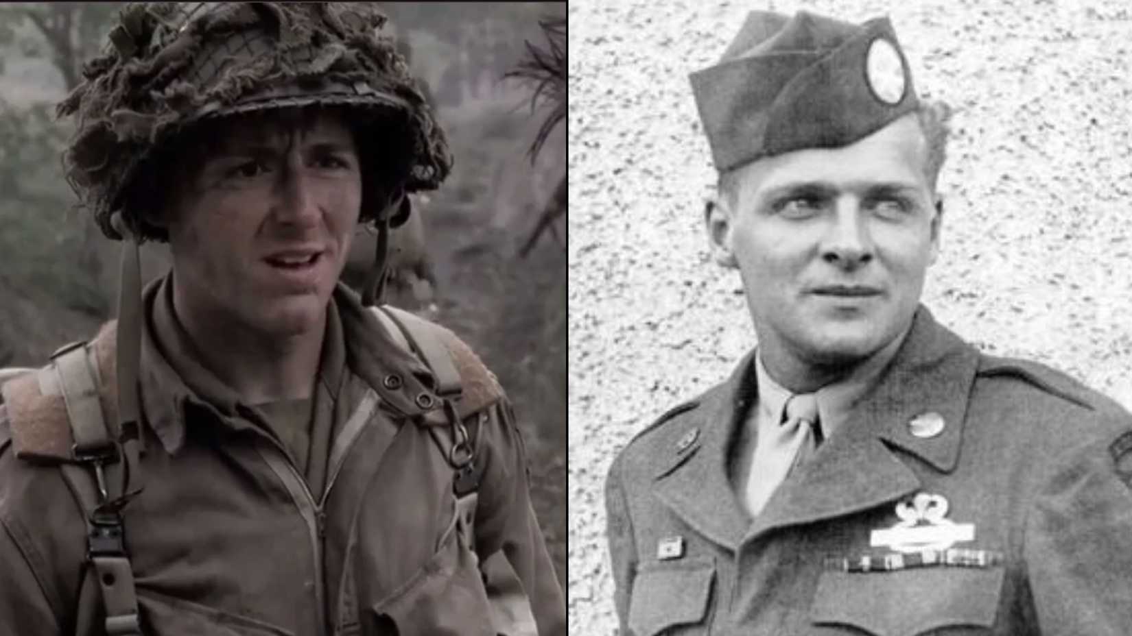 Scott Grimes as Donald Malarkey in Band of Brothers beside an archival photo of the real Easy Company veteran.