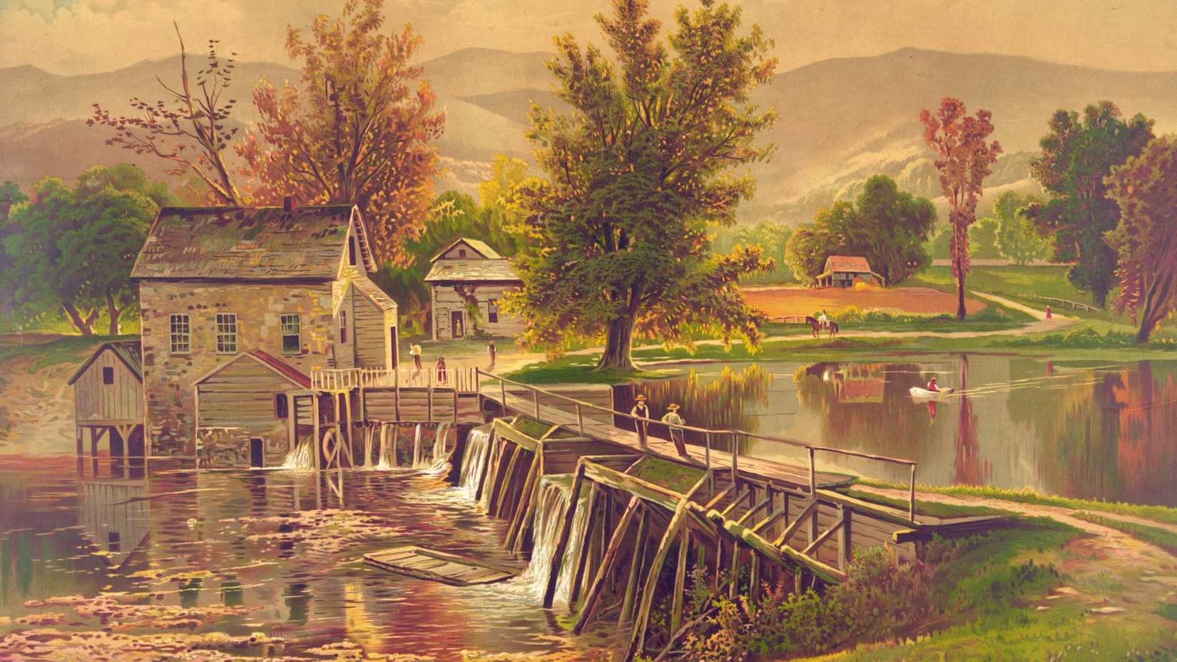 Color lithograph depicting a rural mill, pond, bridge and autumn landscape in Sleepy Hollow, New York.