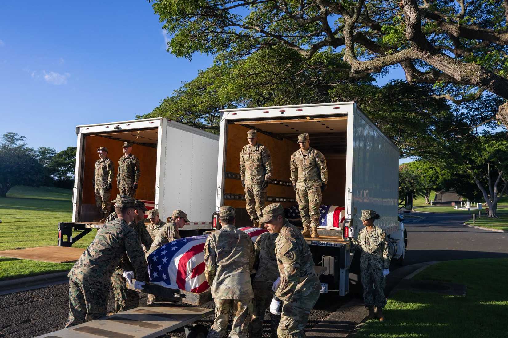 Defense POW/MIA Accounting Agency personnel and participating service members held a disinterment ceremony at the National Memorial Cemetery of the Pacific in Honolulu, Hawaii. (DPAA).
