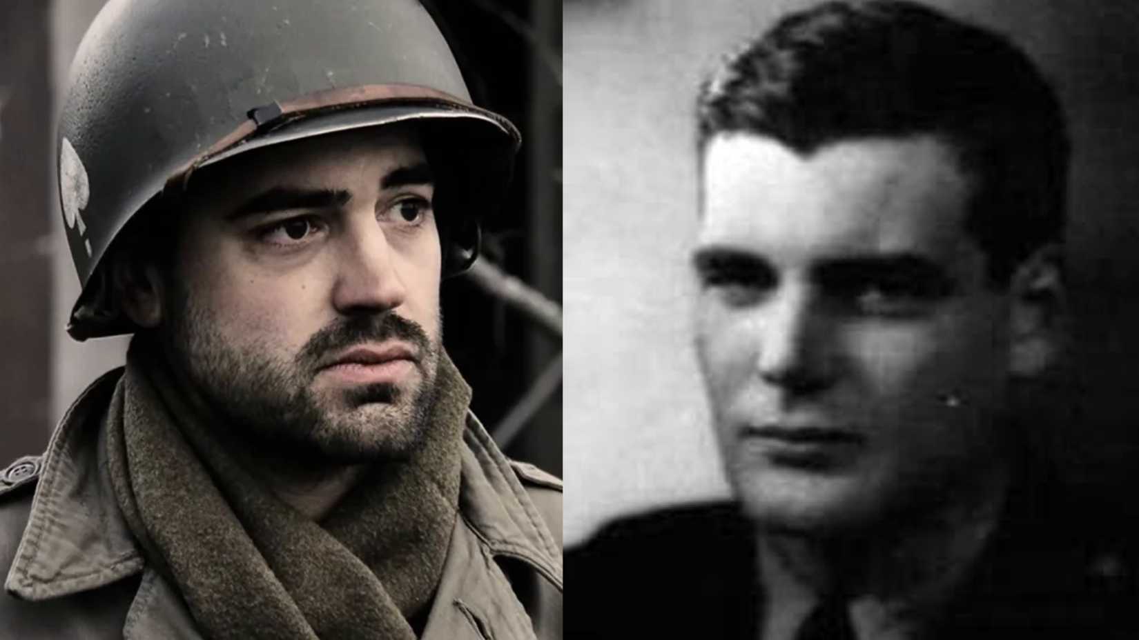 Army officer Lewis Nixon appears beside Ron Livingston portraying him in HBO’s Band of Brothers.
