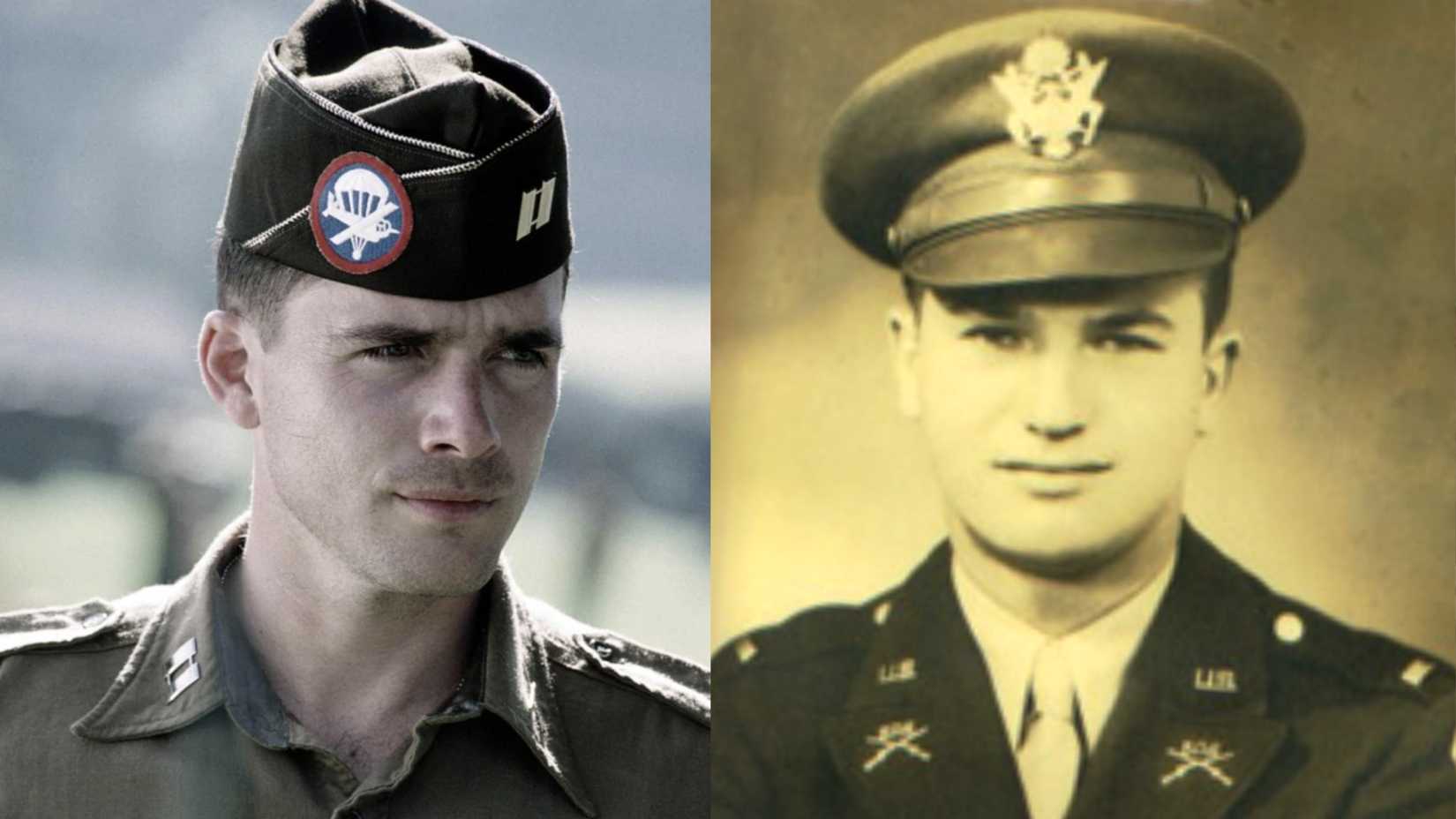 Matthew Settle as Ronald Speirs in Band of Brothers beside an archival photo of the real Army officer.