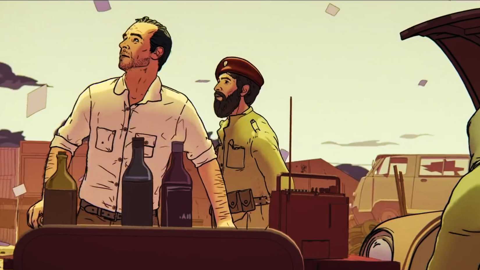 Animated journalist Ryszard Kapuściński standing beside a uniformed man near a radio and bottles in Another Day of Life.