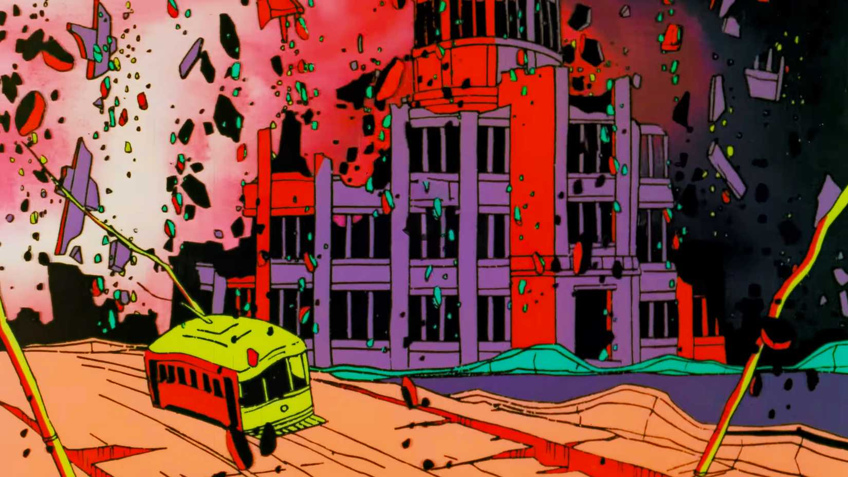 Animated buildings crumble amid flying debris and a bright red blast during the atomic bombing of Hiroshima in Barefoot Gen.