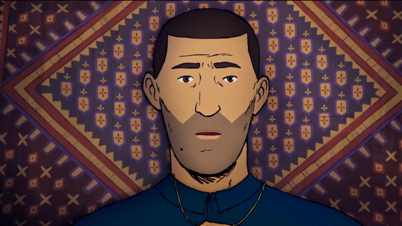Animated portrait of an Afghan man wearing a blue shirt against a patterned background in the documentary Flee.