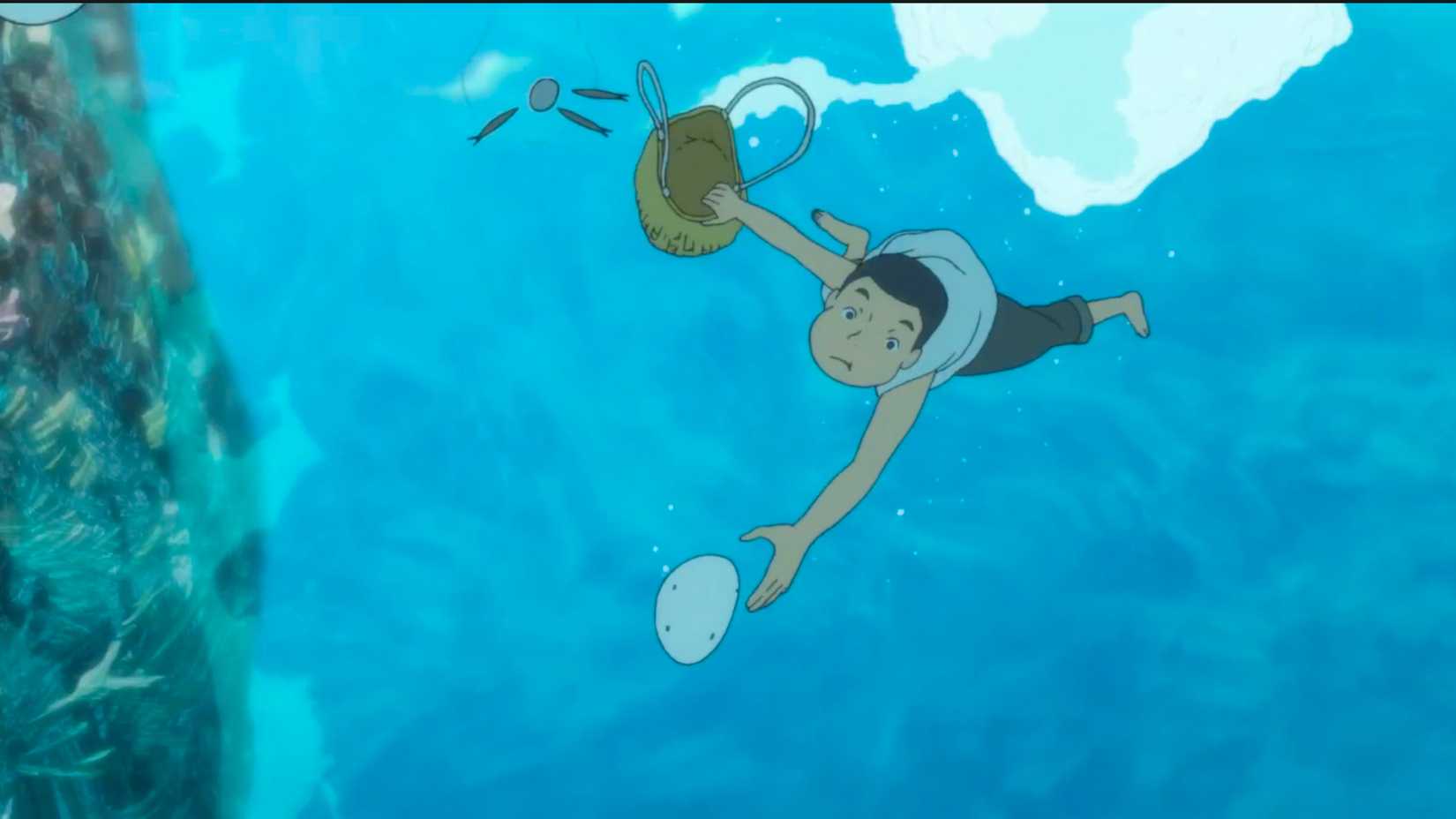Animated young boy swimming through bright blue water while reaching toward a white cap in Giovanni's Island.