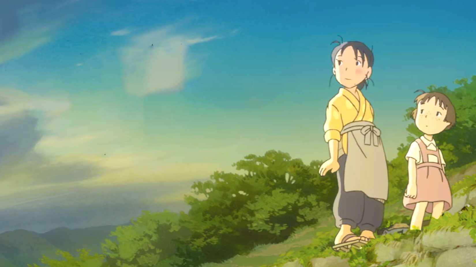 Animated Japanese young woman wearing an apron stands beside a little girl in a pink dress on a grassy hillside in In This Corner of the World.