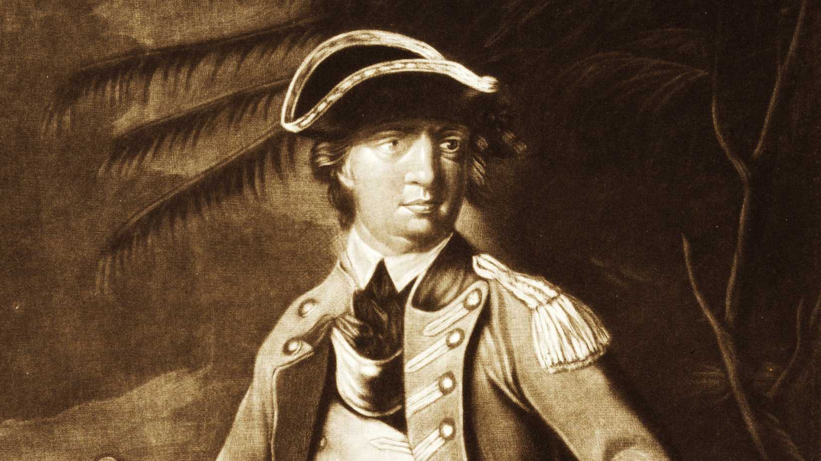Portrait of Benedict Arnold in a Continental Army uniform and tricorn hat in 1776.