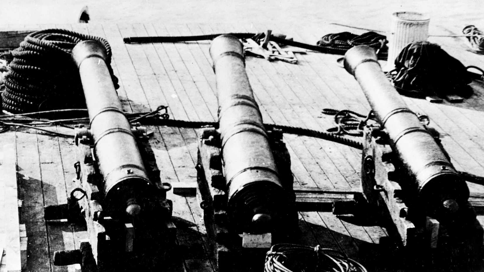 Three cannons from the Continental gondola Philadelphia photographed after the ship was recovered from Valcour Bay in 1935.