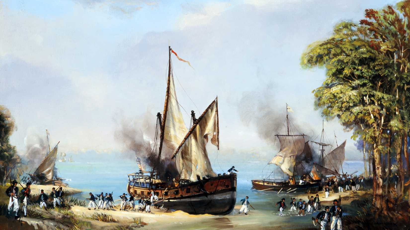 Painting depicting Benedict Arnold’s forces burning damaged American vessels after retreating from the Battle of Valcour Island in 1776.